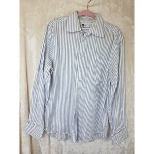 Bachrach Mens Dress Shirt 15.5 34/35 Superfine 100s Cotton Blue White Striped